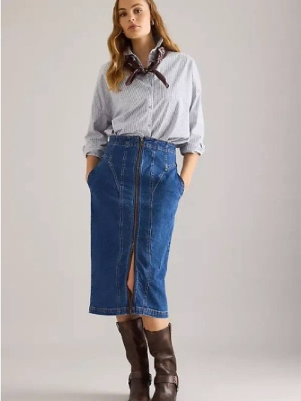 Anthropologie Pilcro Blue Denim Front-Zip Midi Skirt, US 6   NWT